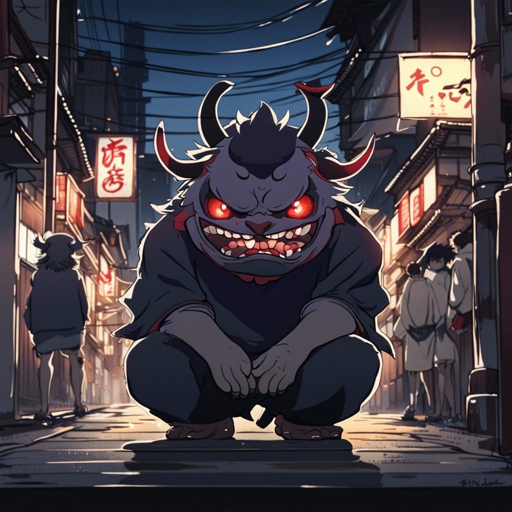 Japanese Street Yokai Parade at Night in Anime Style
