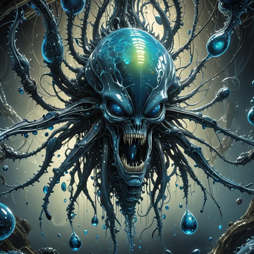 Blue Alien Emerges from Gel Pod in Giger Style