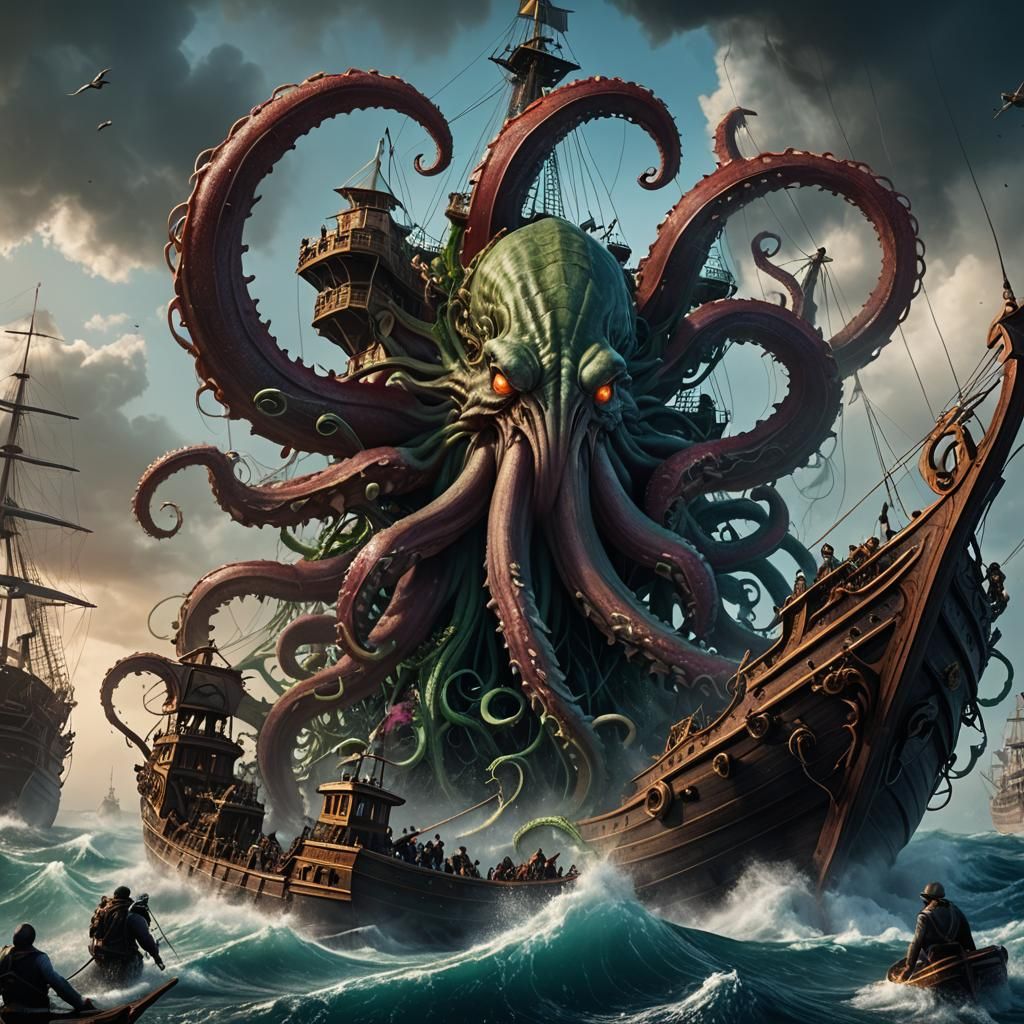 Kraken's Tentacles Destroying Ship: Detailed Matte Painting