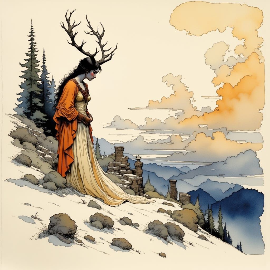 <lora:Atramento:0.8> <lora:AntlerFolx:0.3> <lora:Concelo:0.5> painterly ink wash, storytelling, ink effects :: with an e...