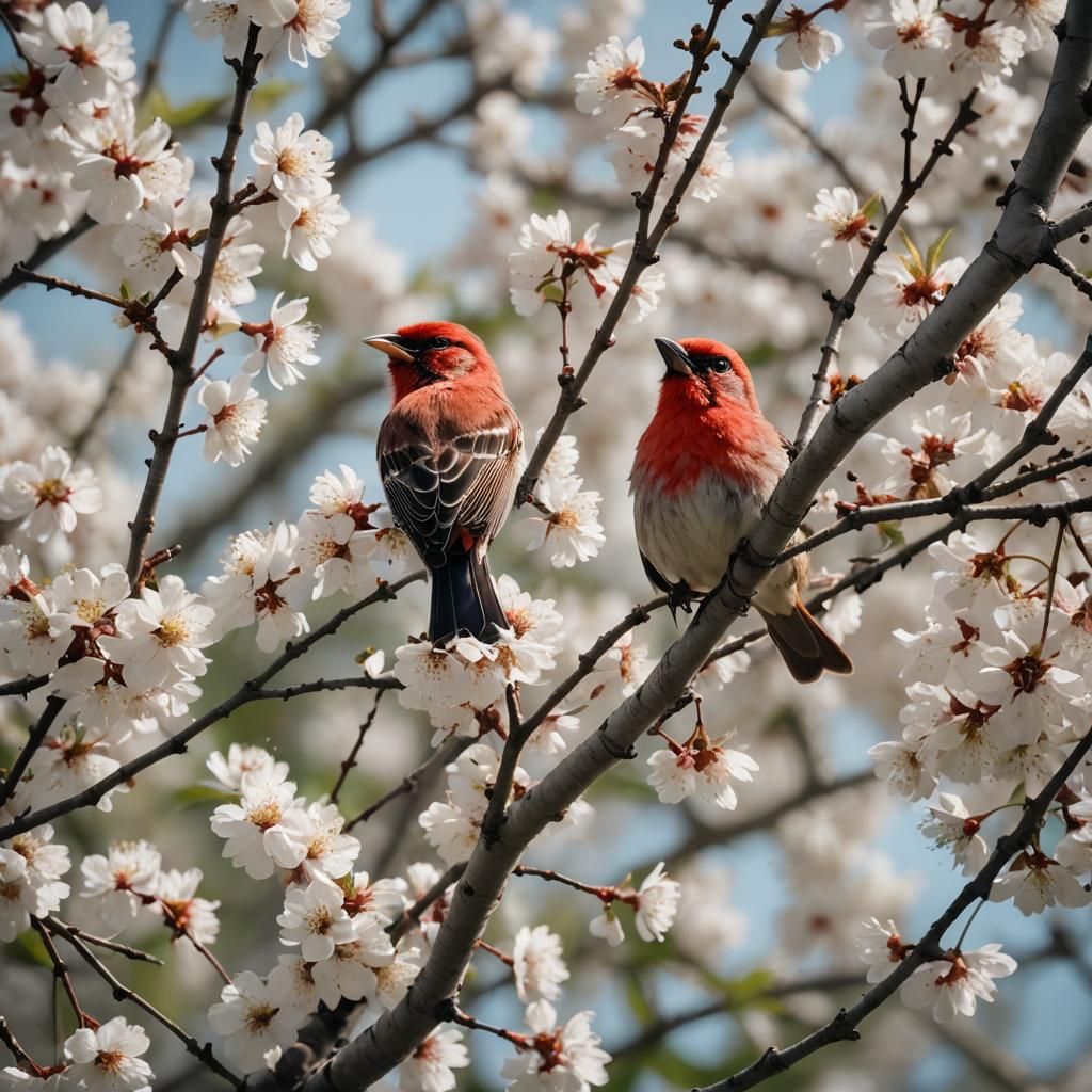 Red Bird Chirping on Cherry Tree: Cinematic Still