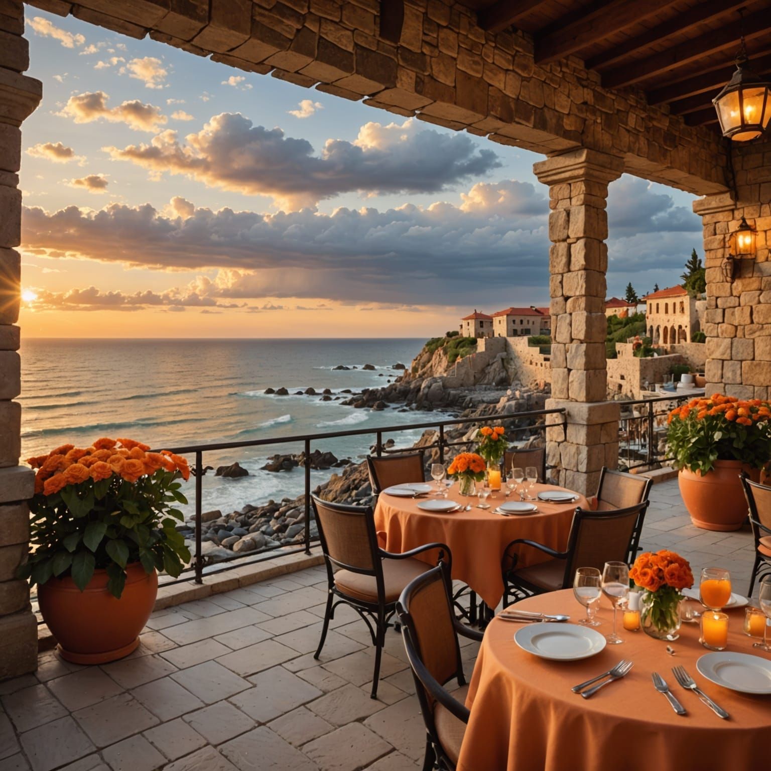 Stormy Sunset Beach Restaurant with Warm Golden Light