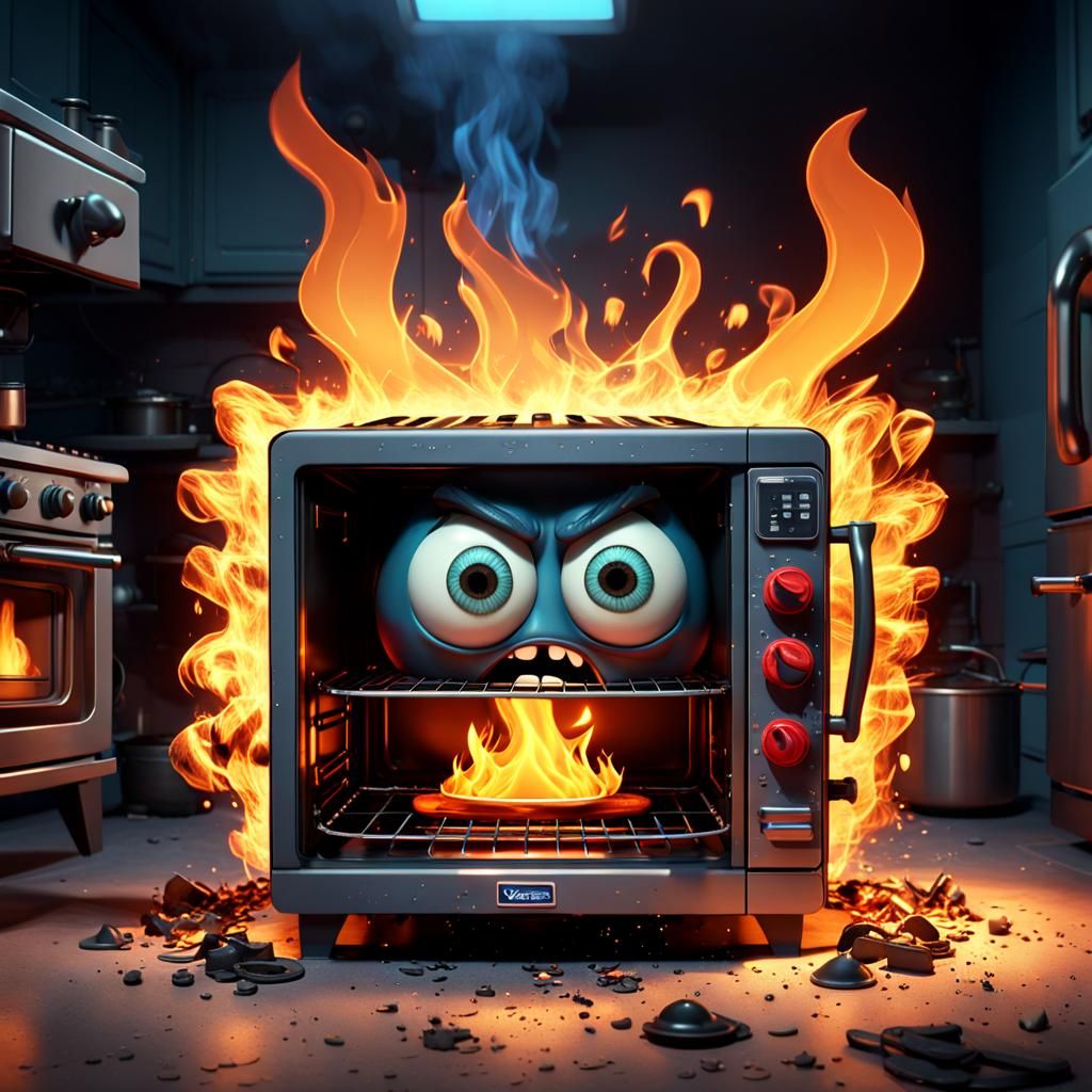 Angry Animated Microwave Boxing a Fiery Stove