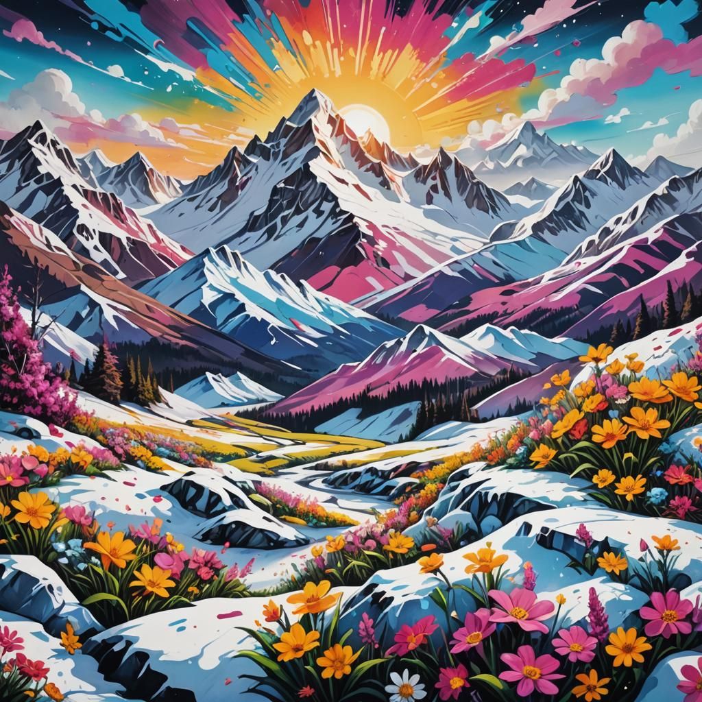 Colorful Graffiti Art of Snowy Mountain Flowers