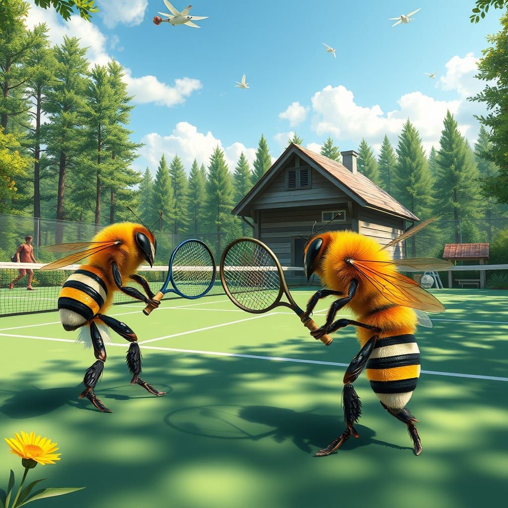Vibrant Honeybees Play Tennis in a Whimsical Forest Setting