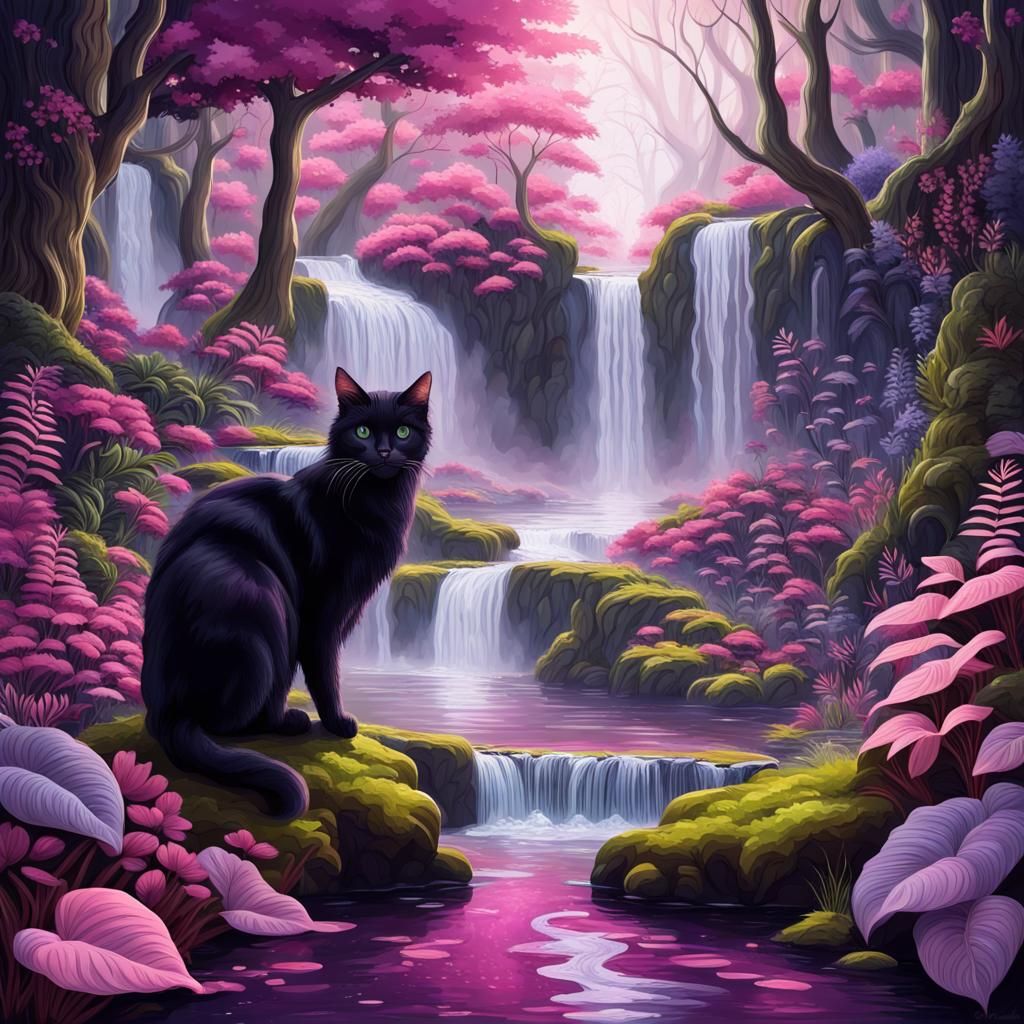 Enchanted Forest with Magic Plant and Waterfall