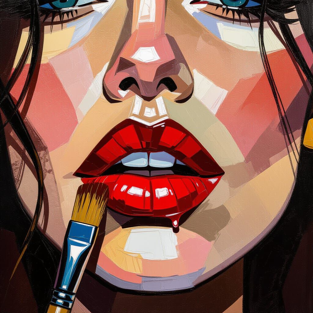 Sensual Lip Macro Shot with Raindrop as Impasto Painting