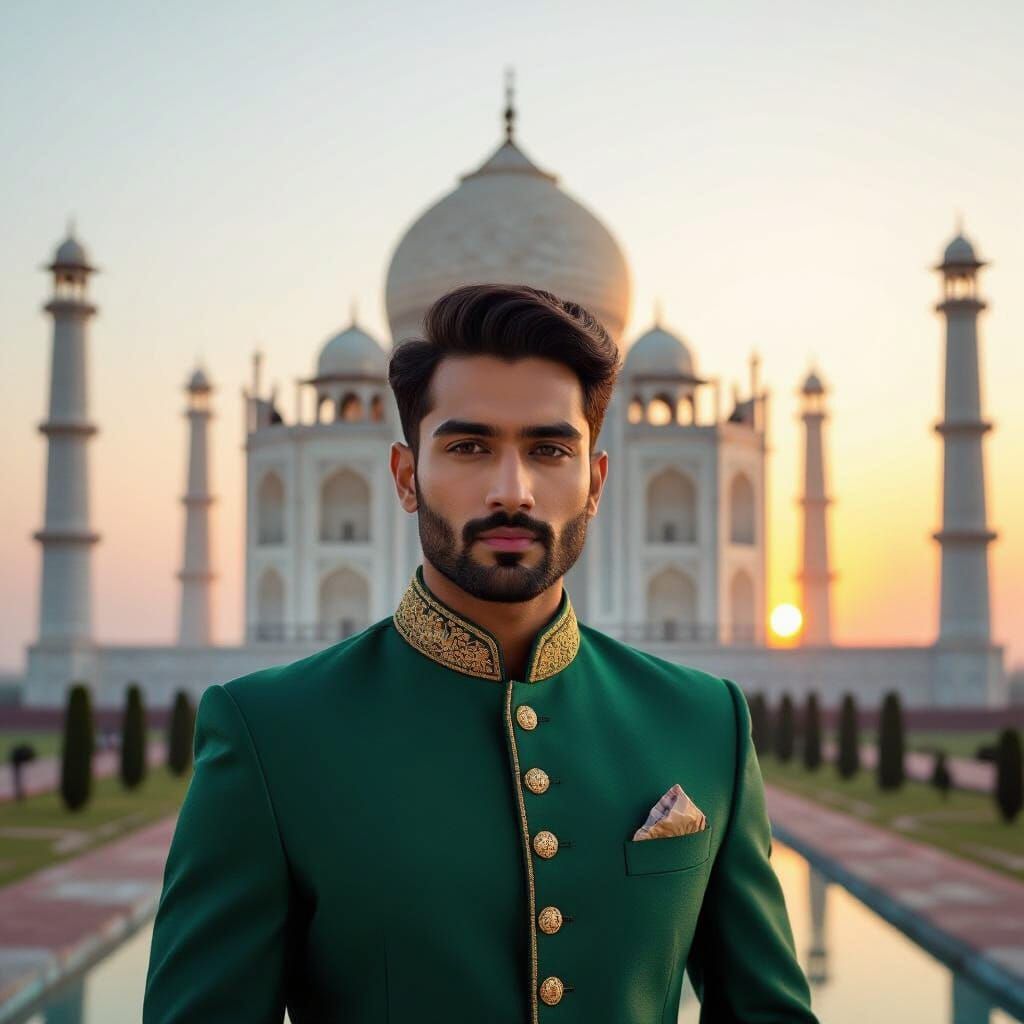 Indian Man in Green Sherwani at Taj Mahal Sunrise