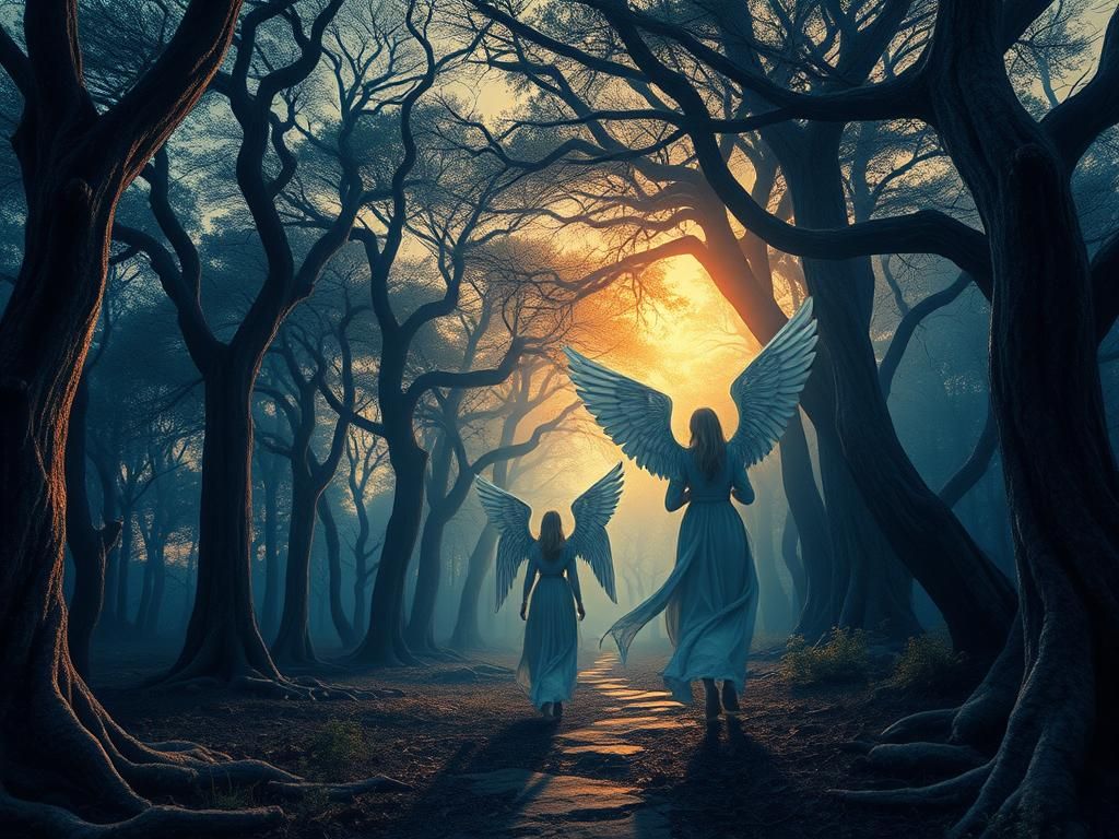 Angels in Mystical Woods: A Dark Fantasy Masterpiece