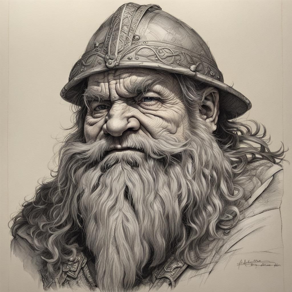 Detailed Ink and Pen Sketch of a Dwarf