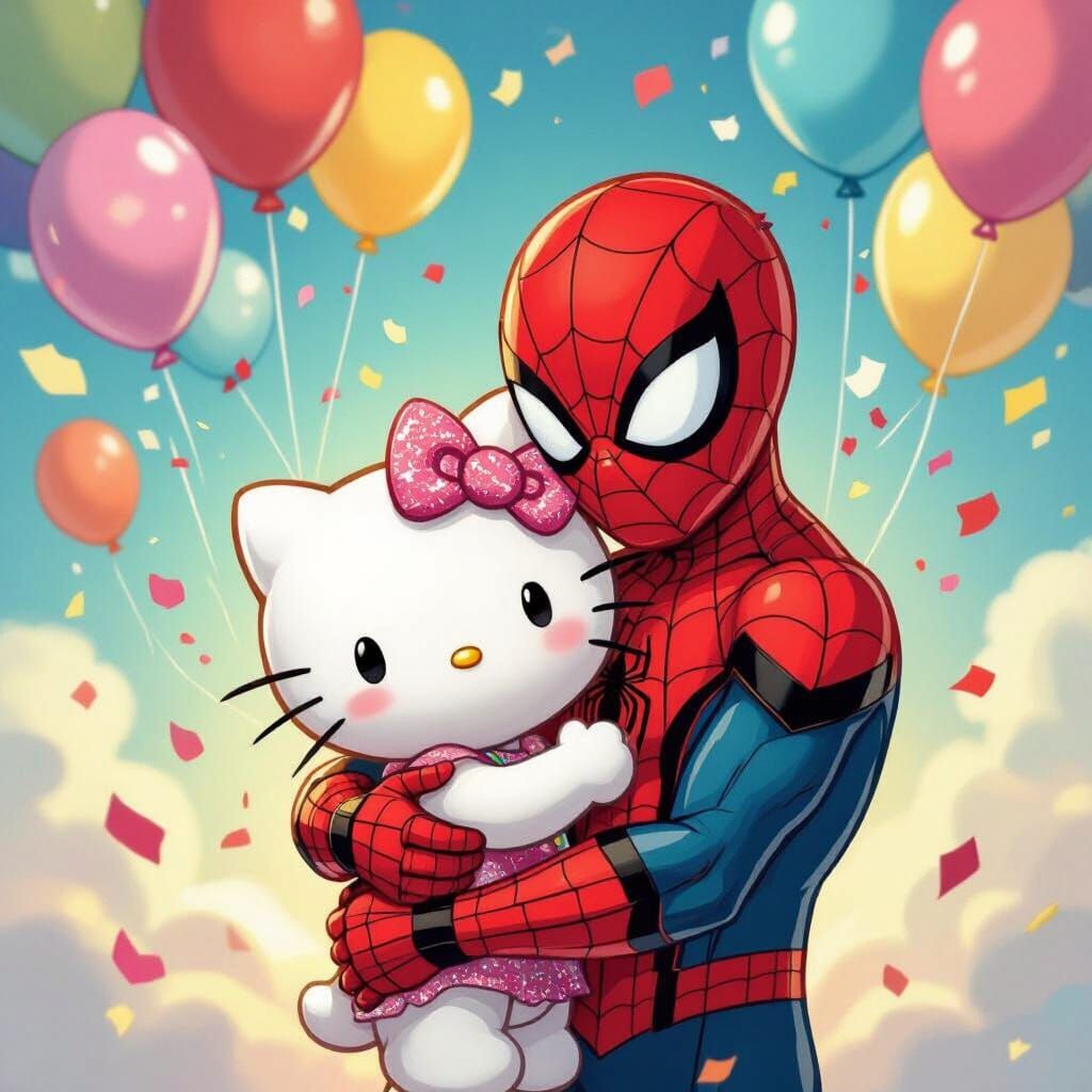 Spider-Man and Hello Kitty Embrace in Pop Art Style