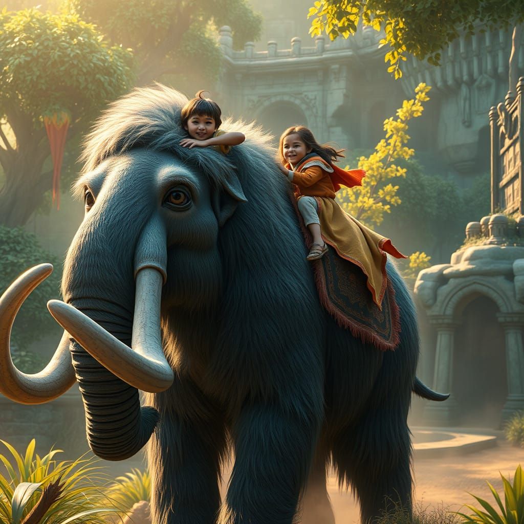 Children Riding a Majestic Woolly Mammoth in a Fantastical Z...