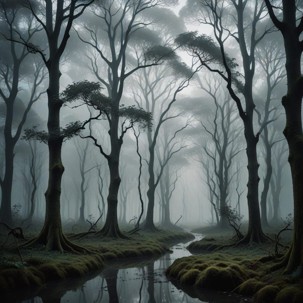 Surreal Minimalist Forest in Ethereal Mist