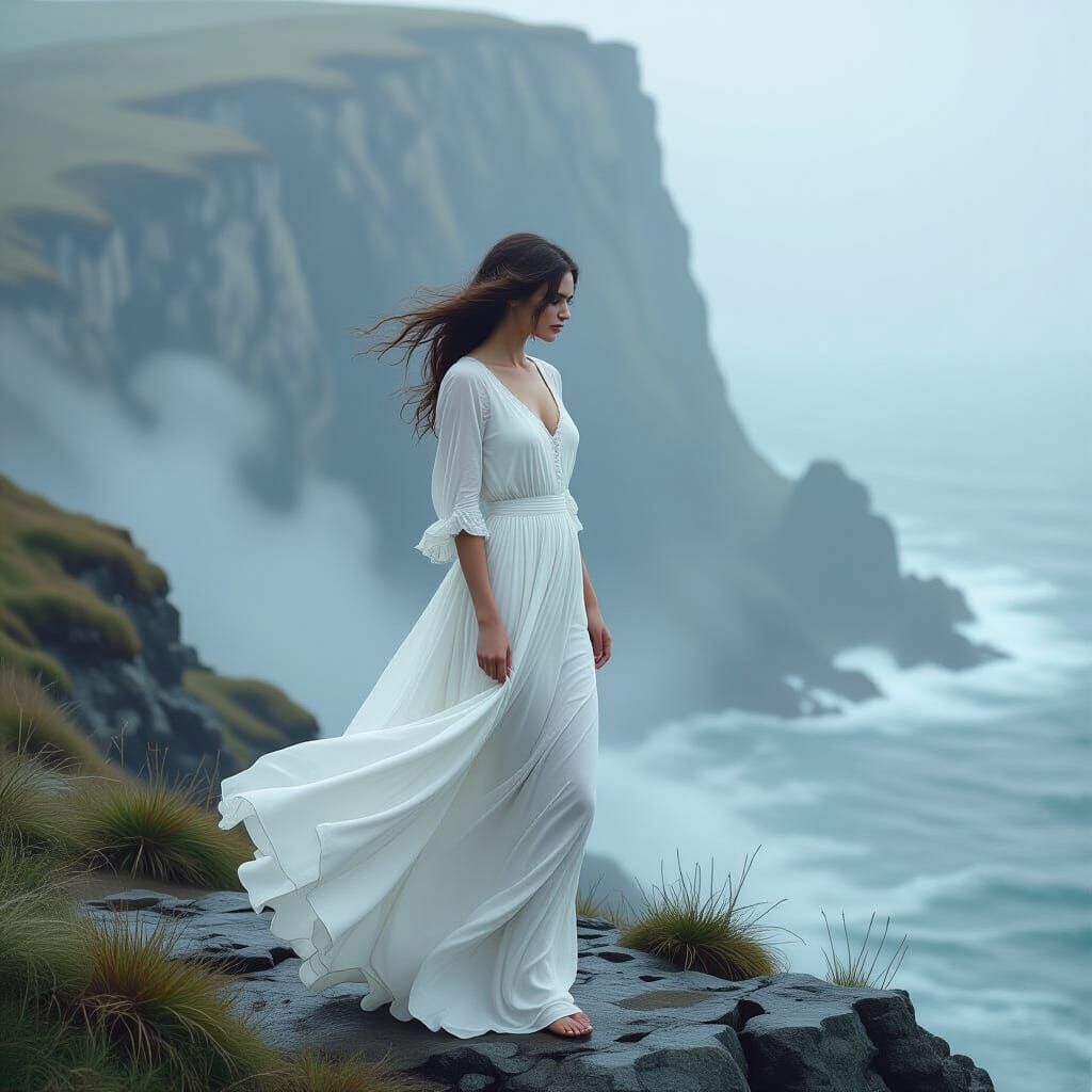 Ethereal Woman on Misty Coast, Digital Art