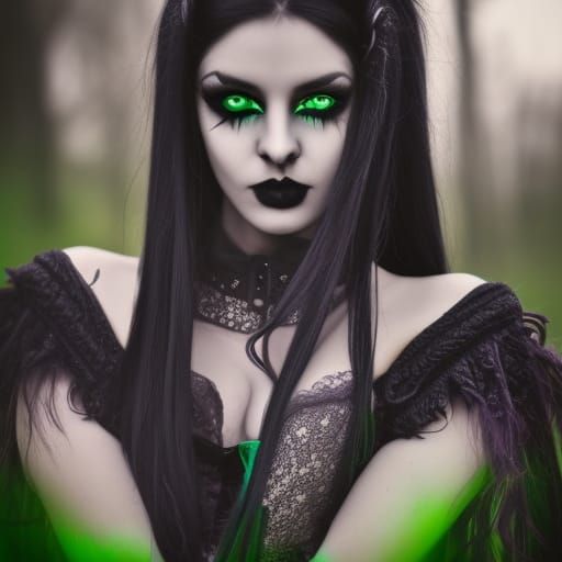 Ethereal Dark Elf with beautiful long black hair & dark purple skin& green eyes& black eyeshadow & black lipstick & goth...