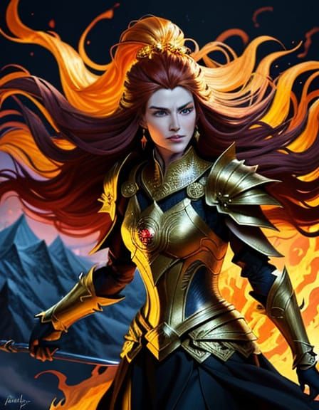 Fiery Regal Figure on Mountain Peak, Digital Art