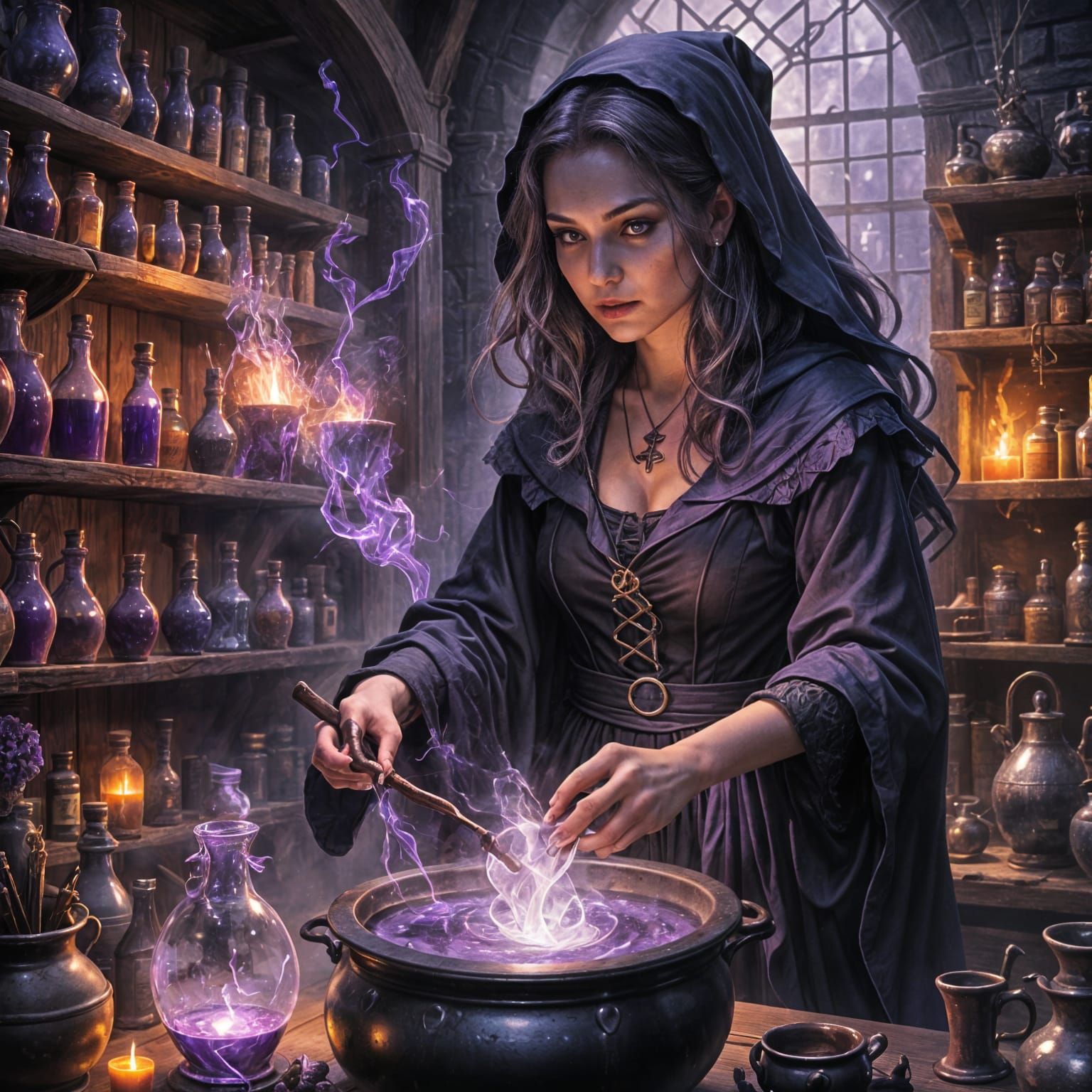 Enchanting Witch Brews Potion in Dark Cauldron Room