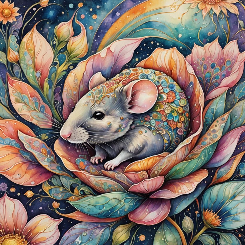 Mouse Sleeping Inside a Flower: Cosmic Illustration