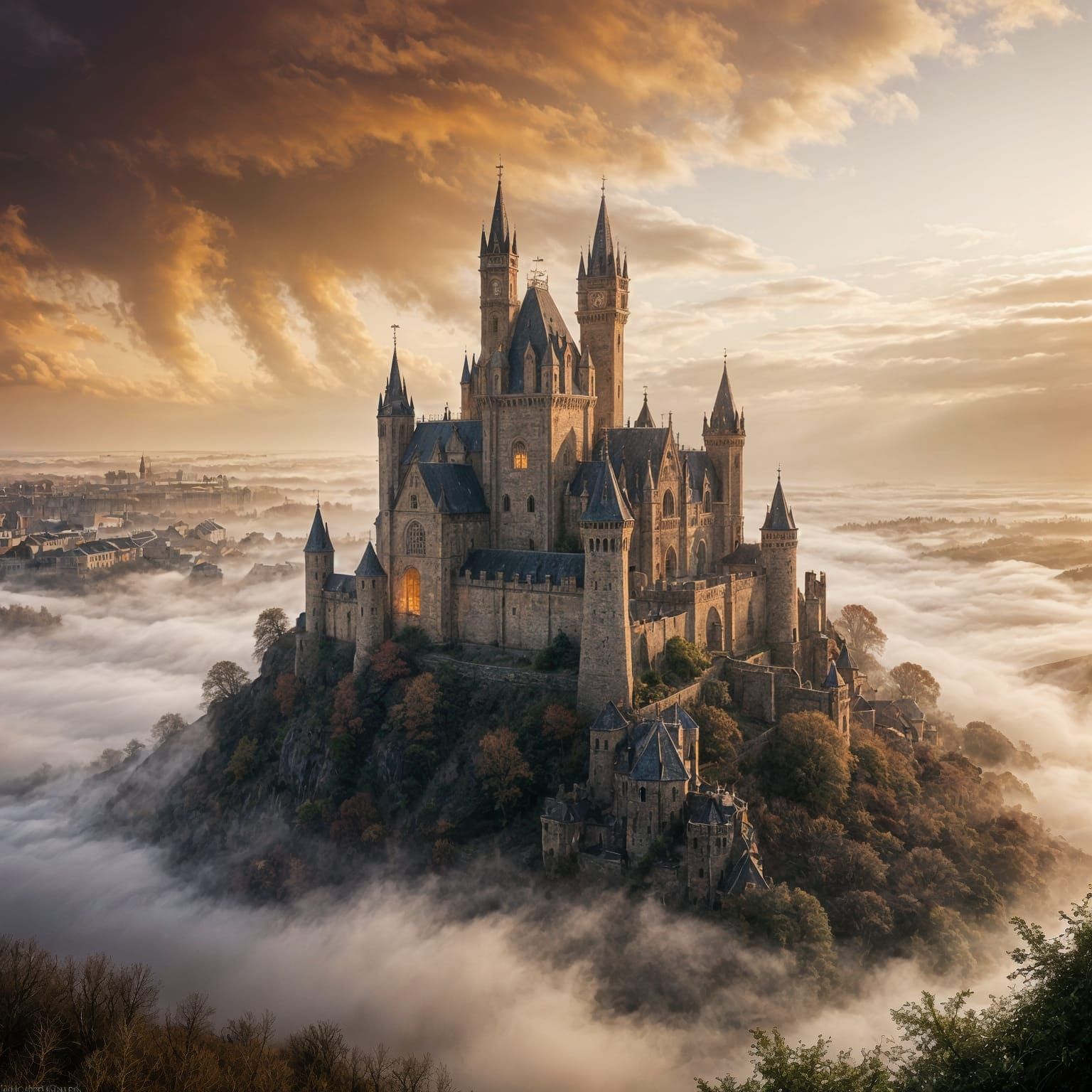 Medieval Sunrise Skyline Emerges from the Mist