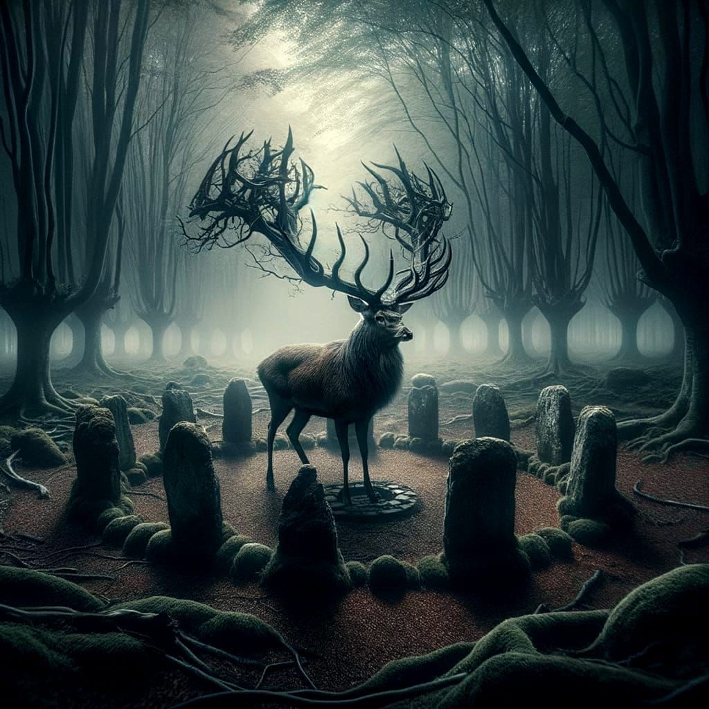 Constellation Deer Guardian in Gothic Forest Clearing
