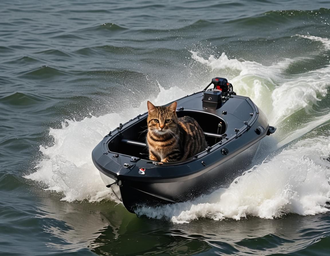 Tabby Cat Drives a Speedboat on a Sunny Sea