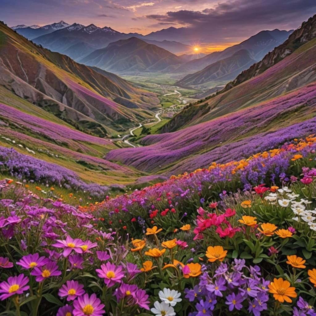 Colorful Flower Valley at Sunset