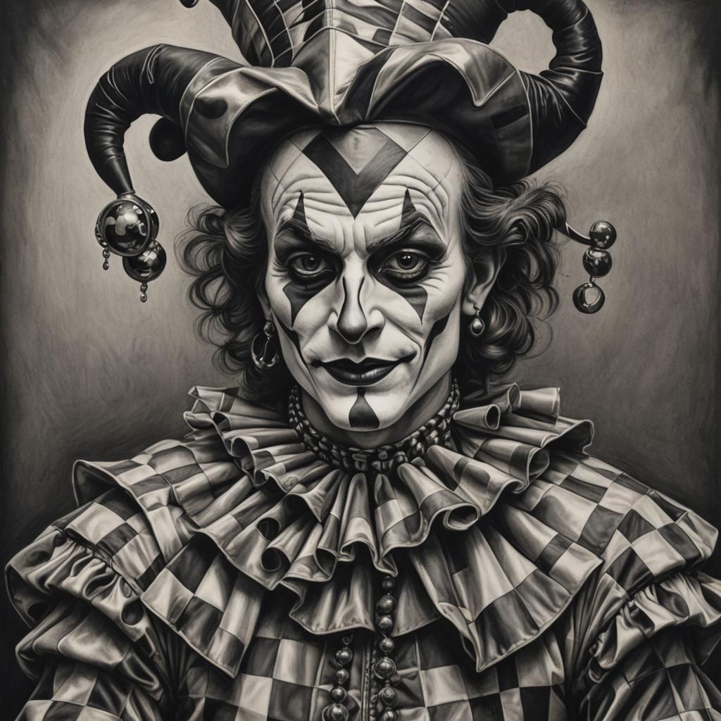 Hyperdetailed Charcoal Drawing of Harlequin Jester