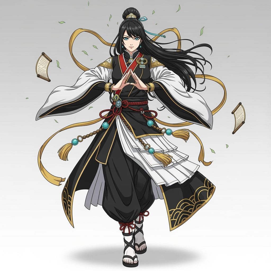 Graceful Woman in Anime Style with Flowing Ribbons