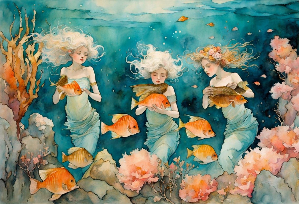 Glowing Elderly Mermaids Tend Coral Garden