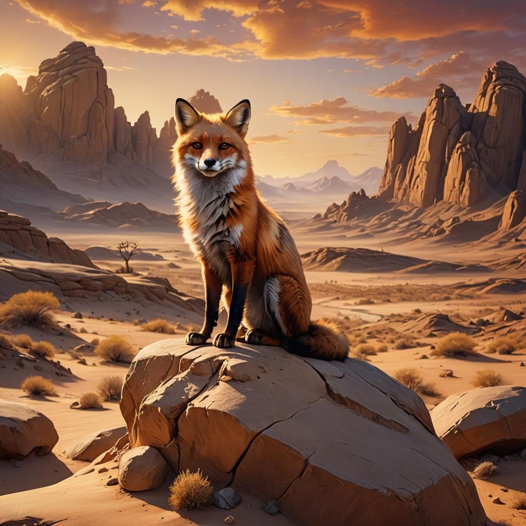 Grumpy Fox at Desert Sunset: Digital Matte Painting