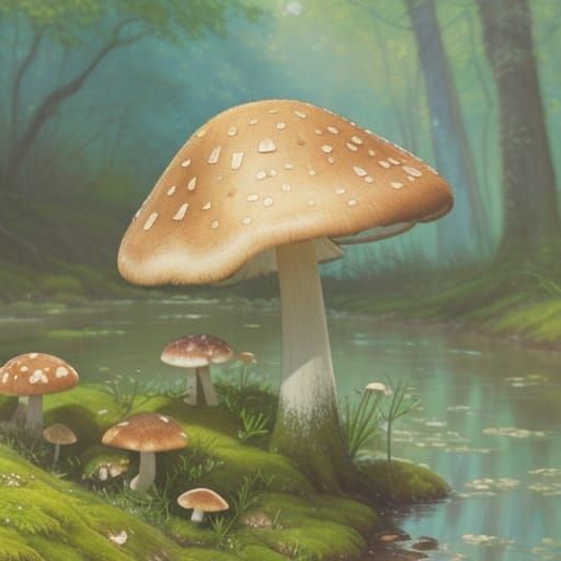 Impressionistic Watercolor Mushrooms on Riverbank