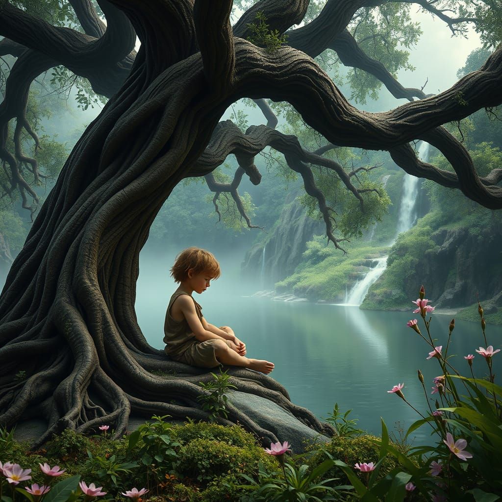 Young Man Contemplates Transformation Under Ancient Tree