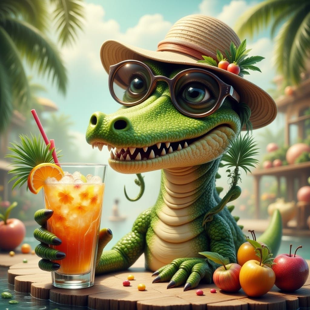 Cartoon Crocodile with Tropical Drink and Sunglasses
