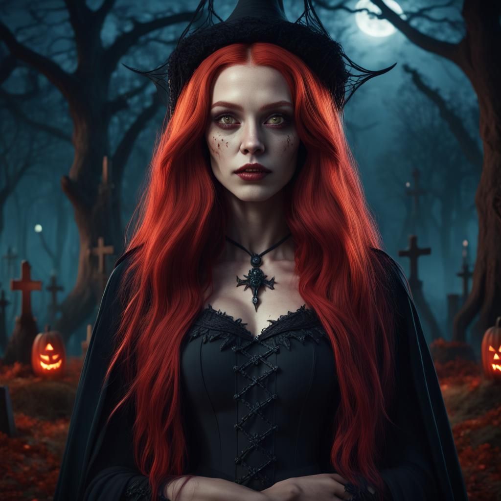 Halloween Witch with Red Hair in Graveyard