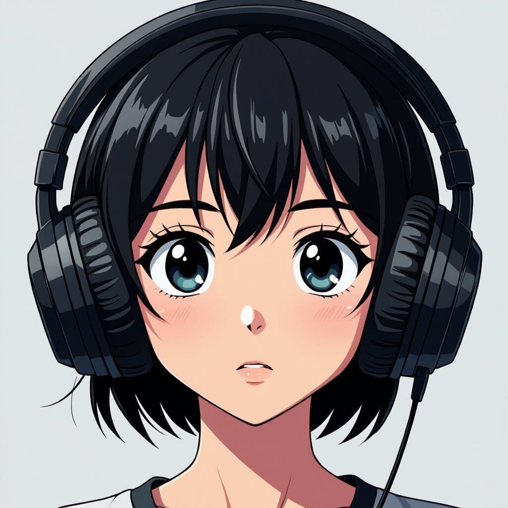 Anime Girl with Headphones in Cel Shading Style
