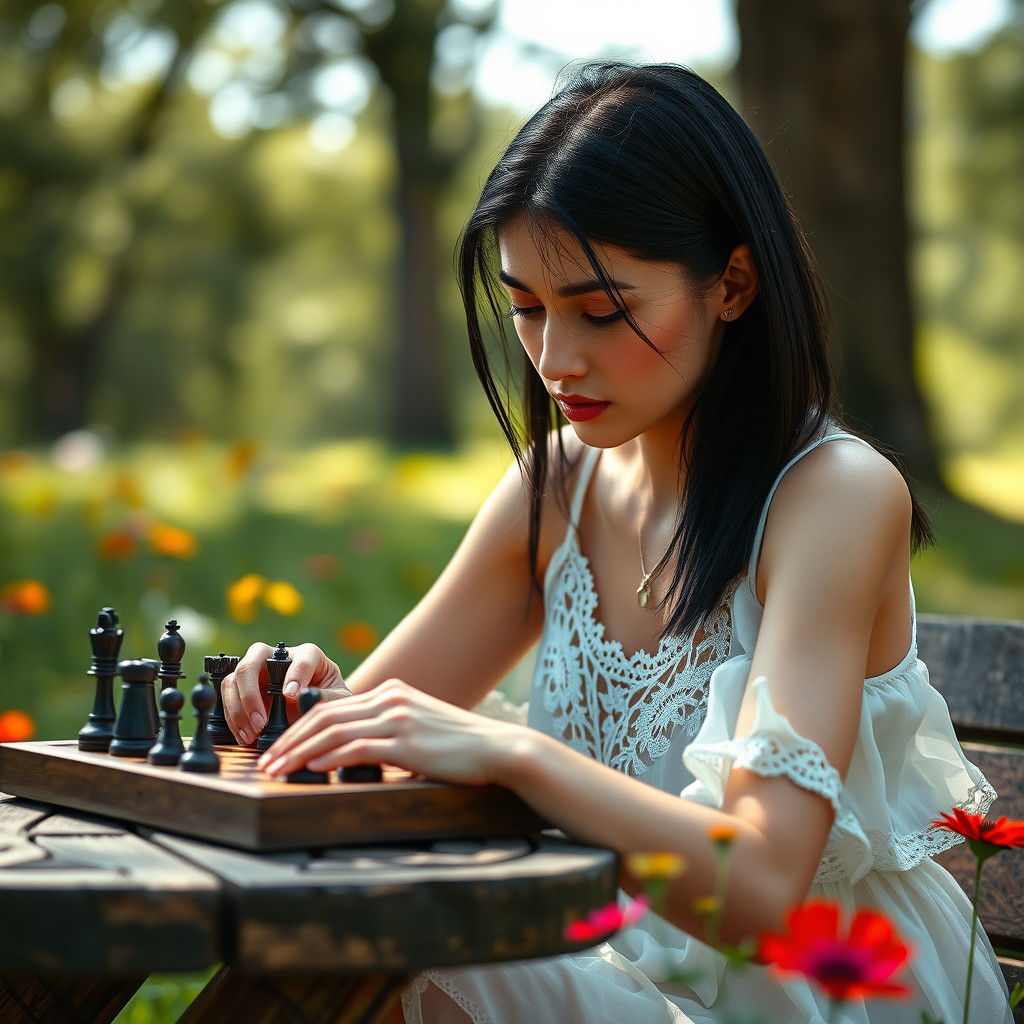 Slavic Woman Plays Chess in Sunny Park