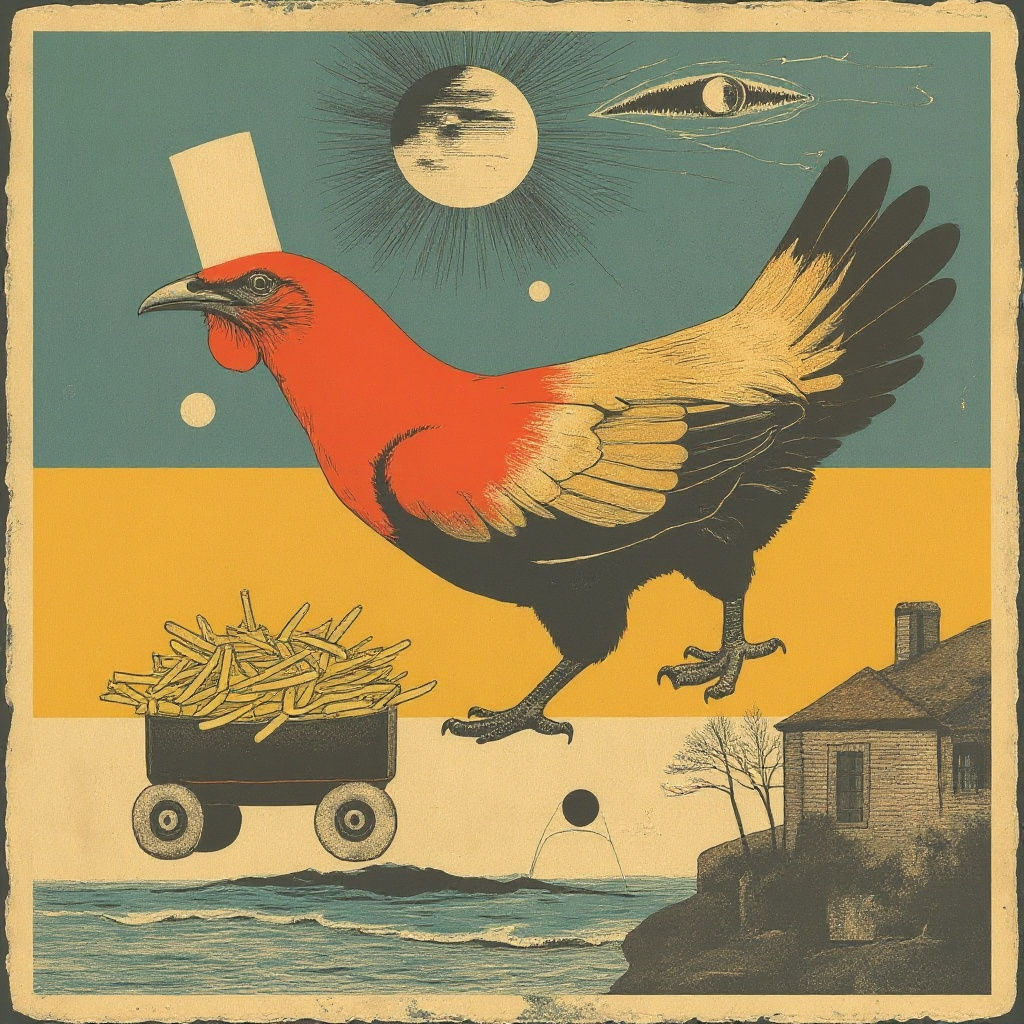 Surreal Chicken on Skates, Dali-esque Oil Painting