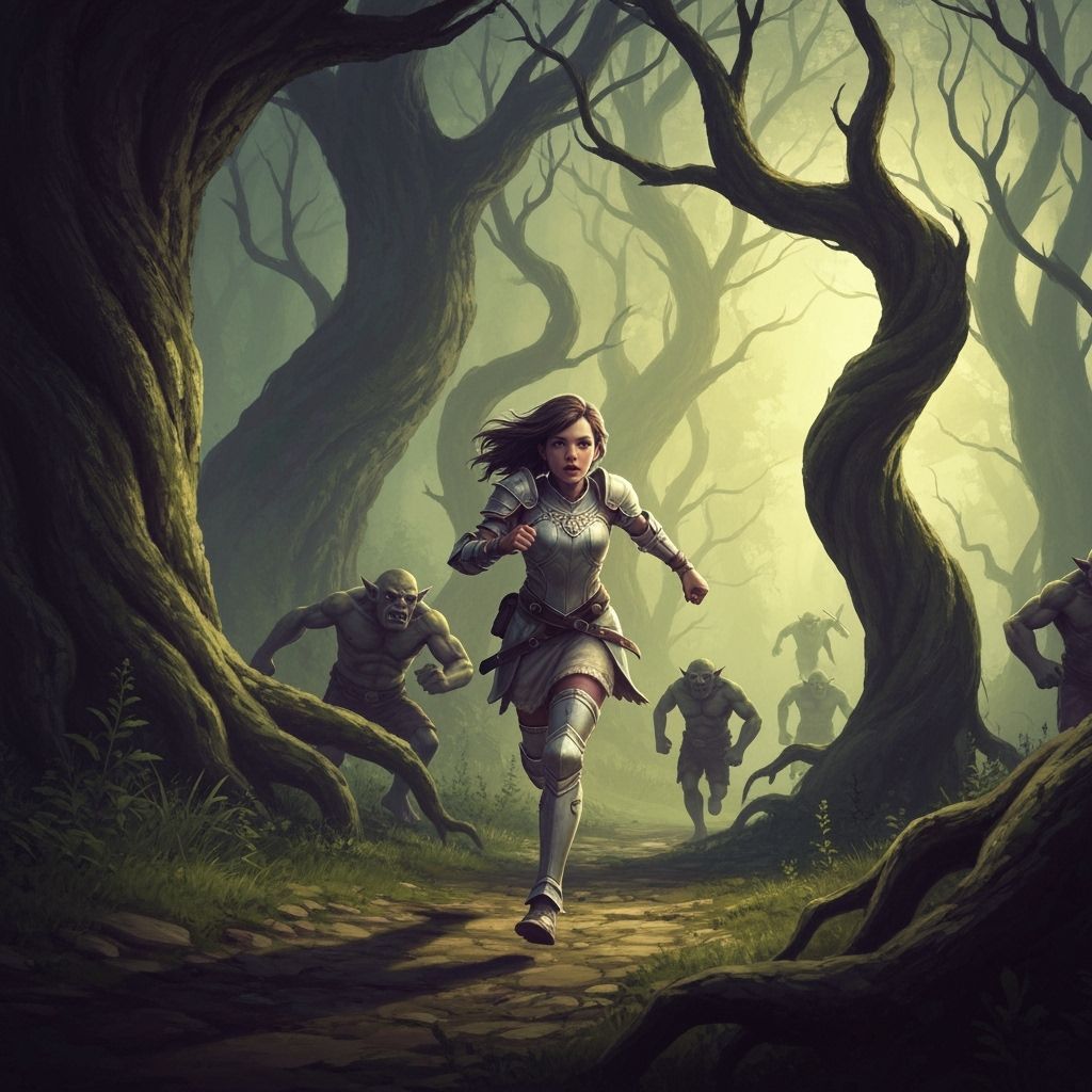 Girl in Armor Flees Ogres in Dark Fantasy Forest