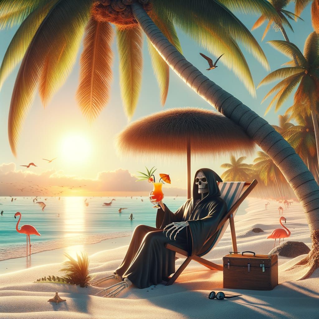 Grim Reaper's Beach Vacation: Ultrarealistic Cinematic Image