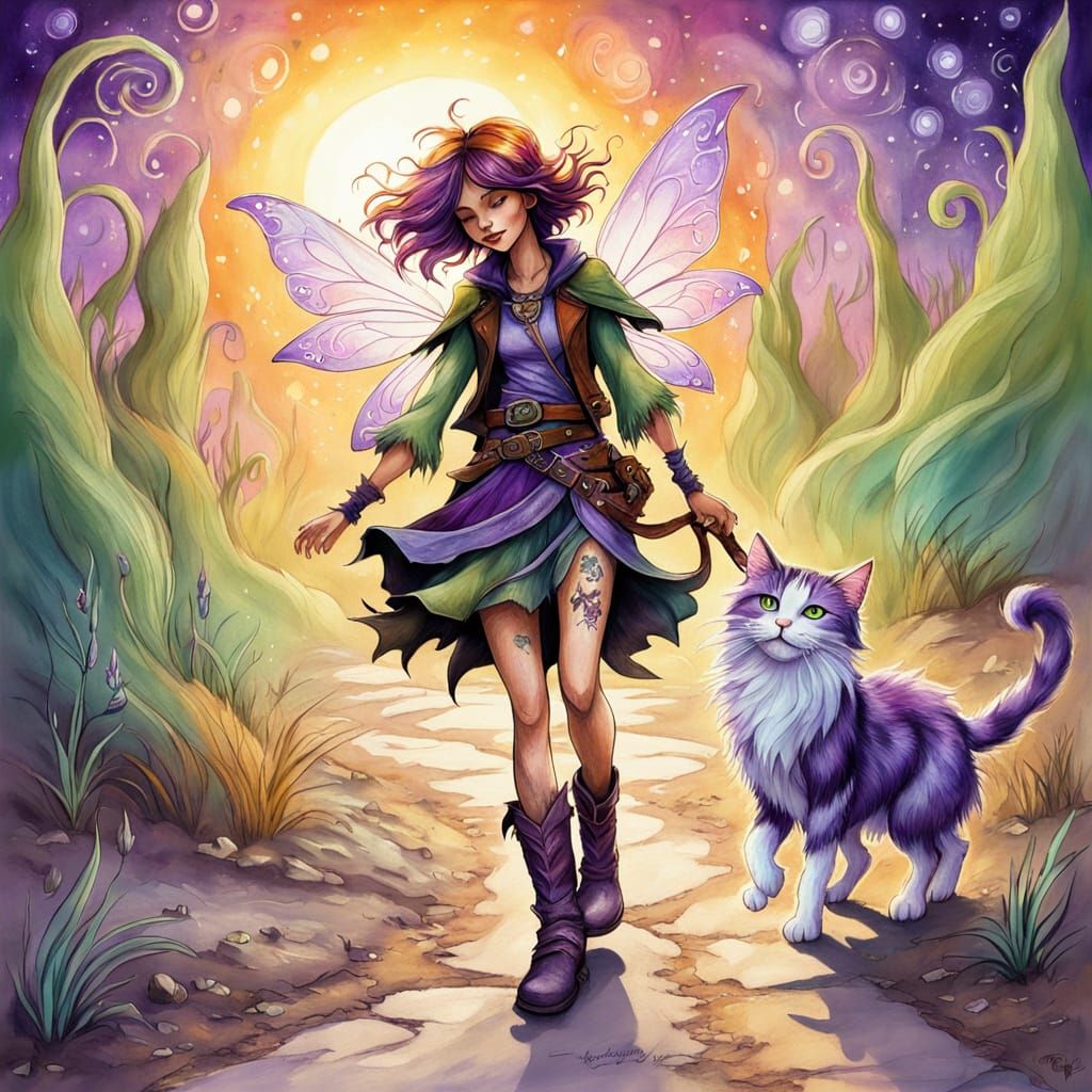 Whimsical Fairy Hugging a Cat in Sunlight