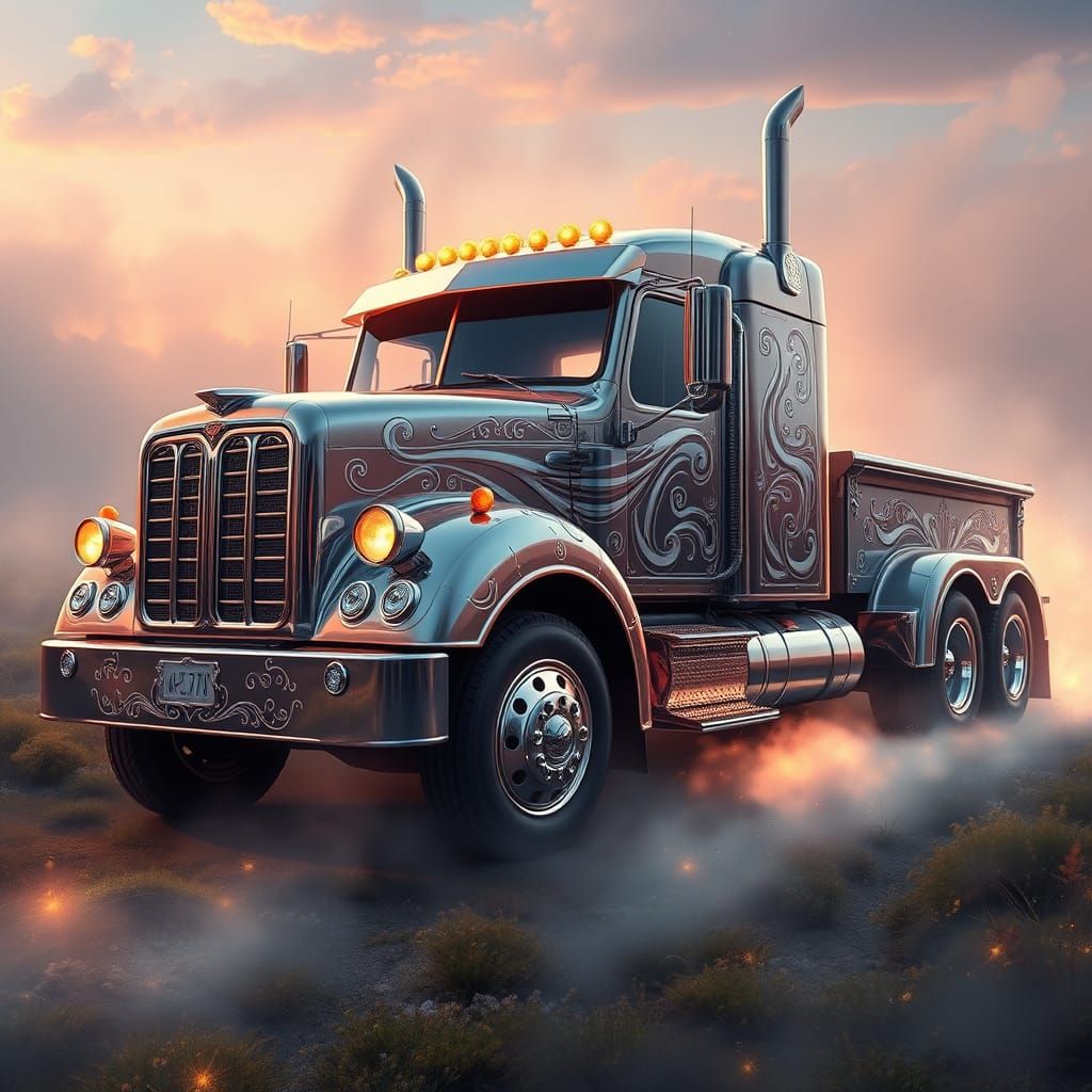 Mystical Chrome Truck in Dreamy, Ethereal Landscape