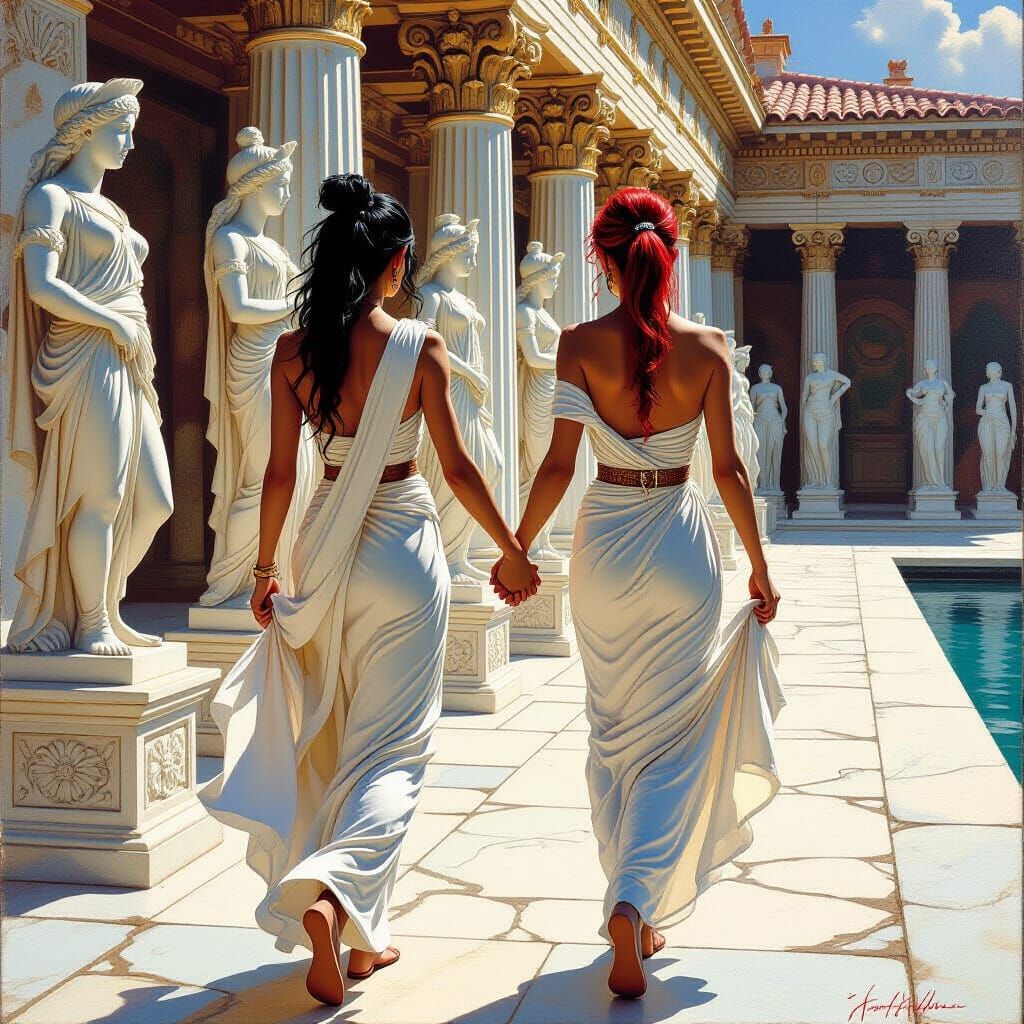 Elven Women Strolling in Classical Fantasy Oil Painting