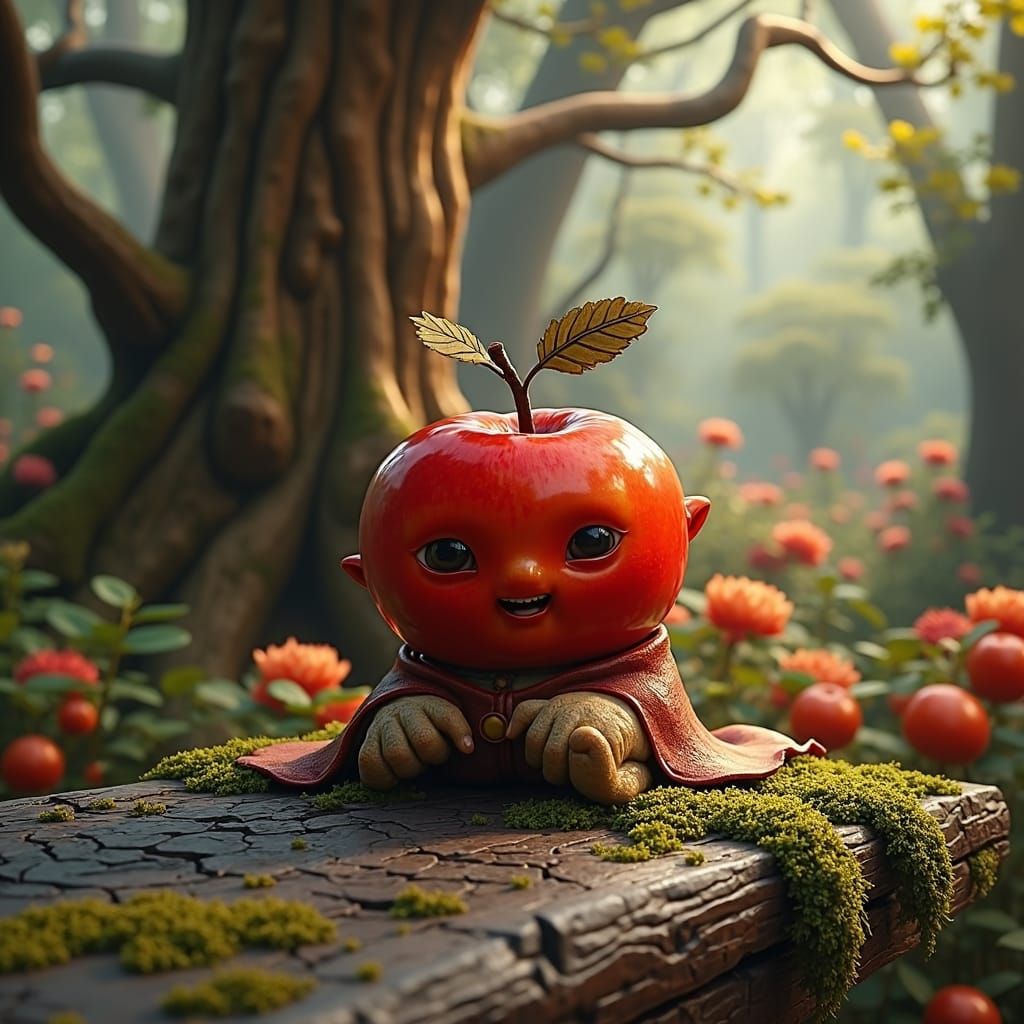Apple Humanoid at Forest Table, Matte Painting Style
