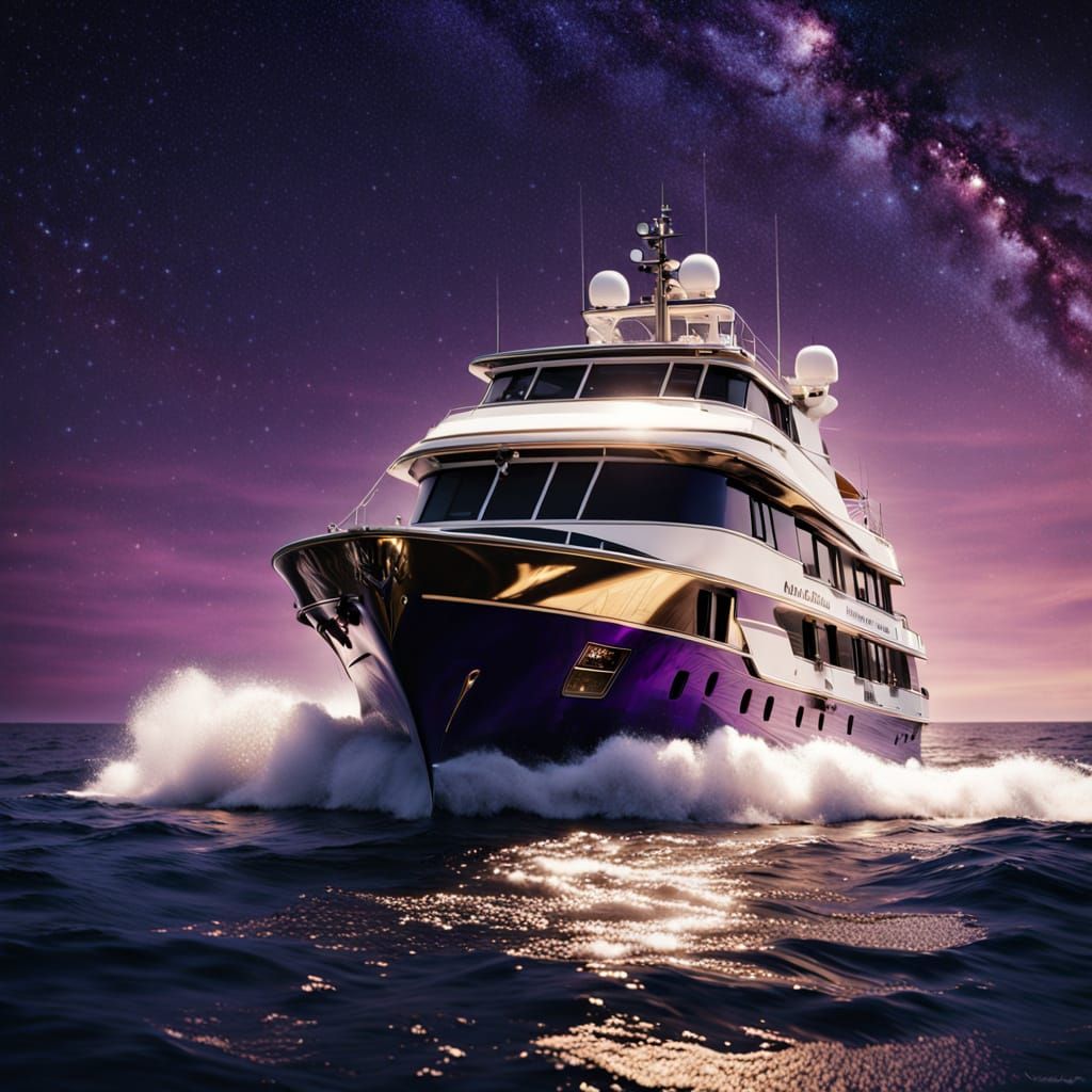 Luxurious Gold Yacht Sails Through Starry Purple Sky