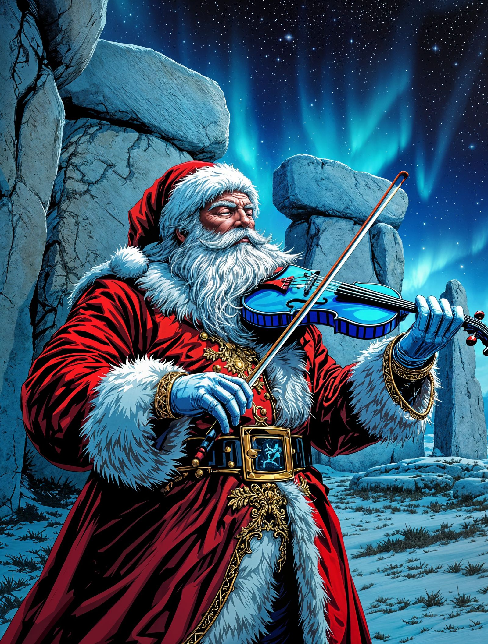 Santa Claus Plays Violin at Stonehenge in Vibrant Blue