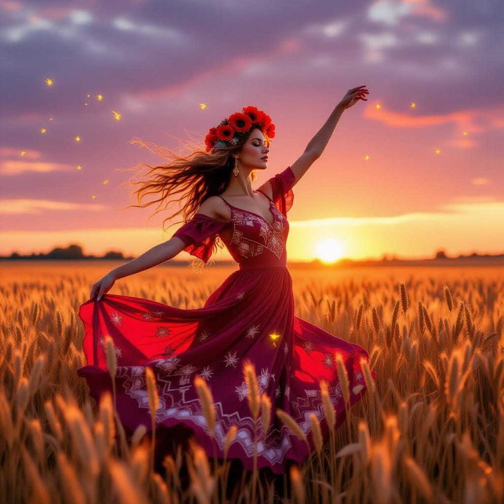 Woman Dancing in Stormy Wheat Field, Watercolor Style