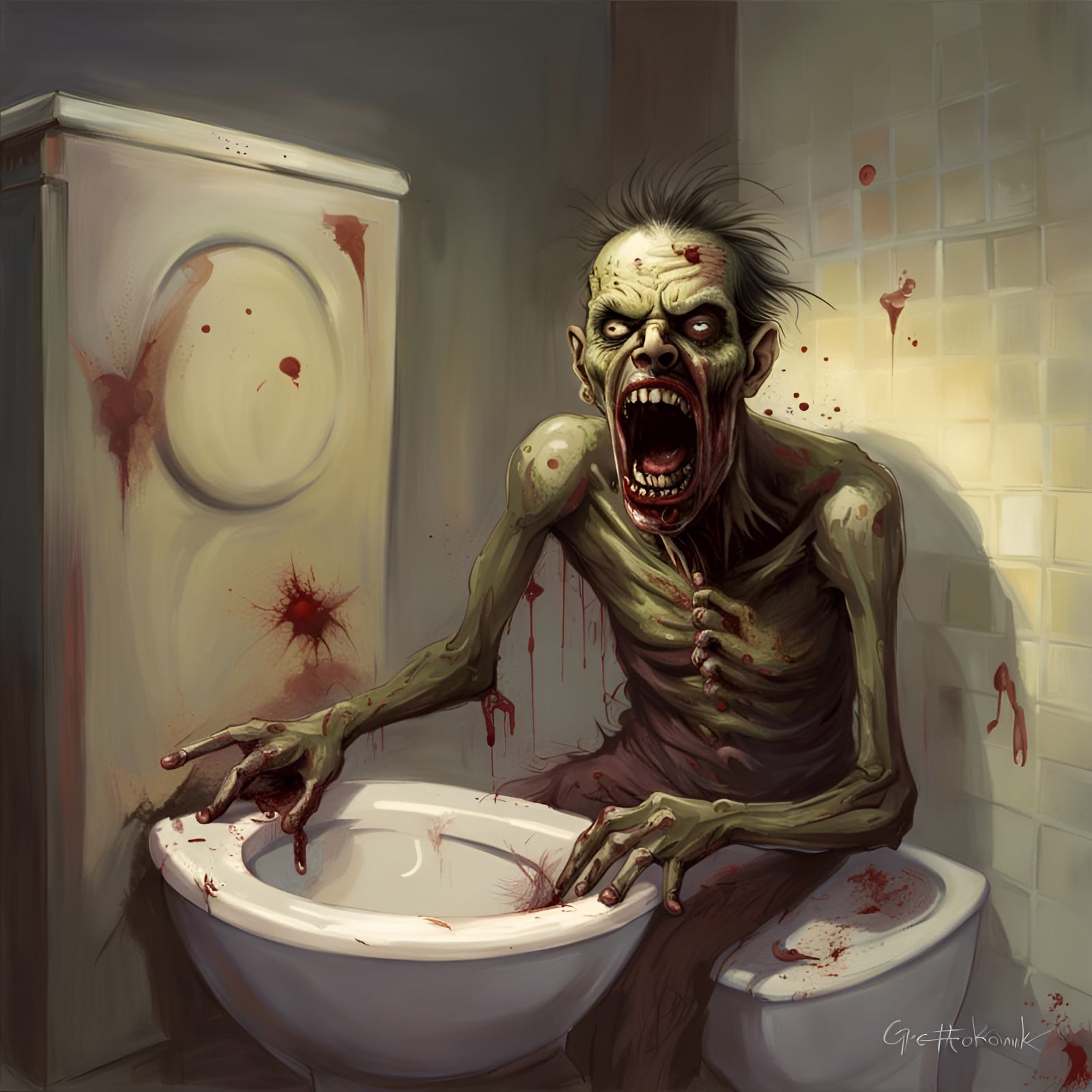 Zombie Roaring in Toilet Bowl: Sinister Dark Fantasy