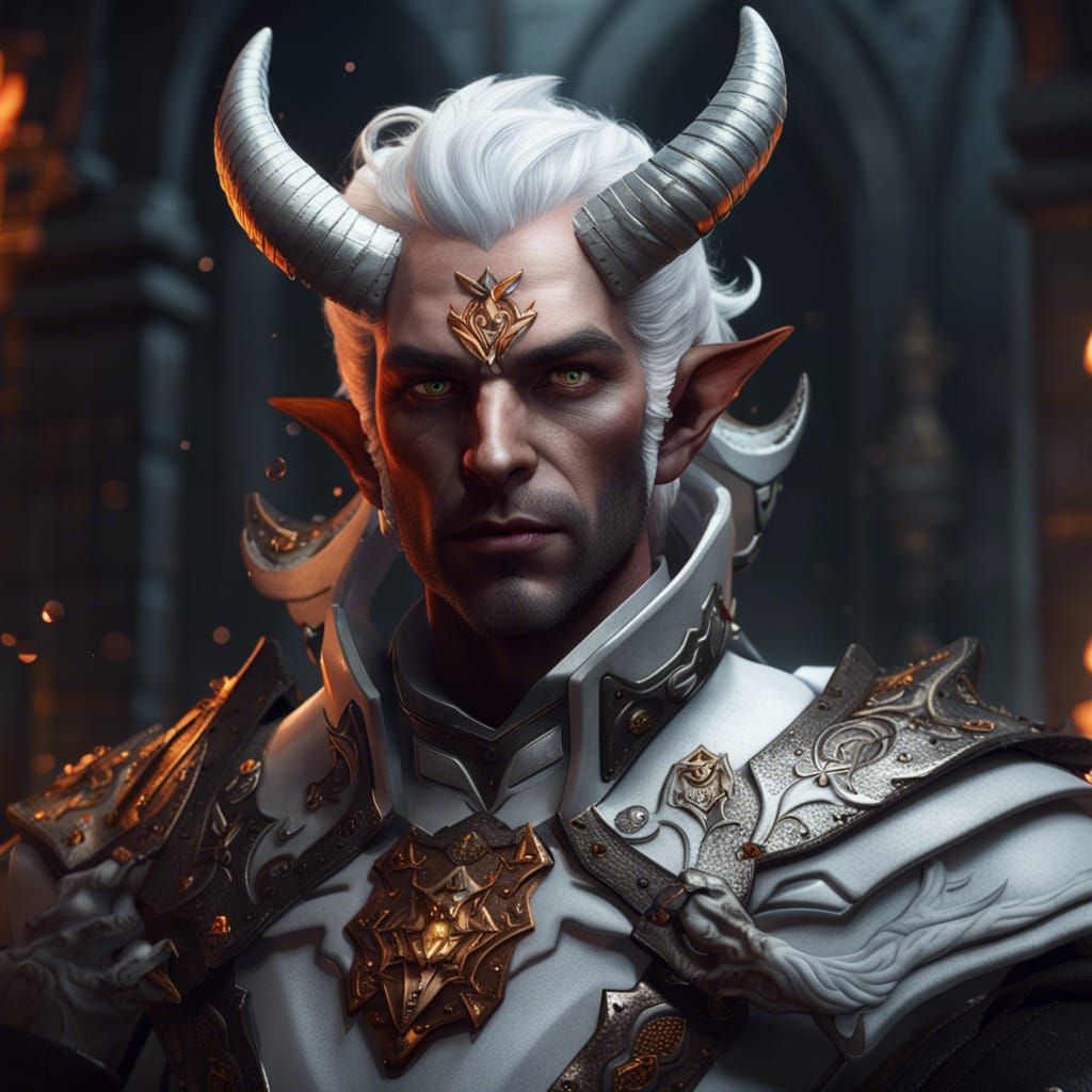 Tiefling Paladin with White Hair, Detailed Fantasy Art