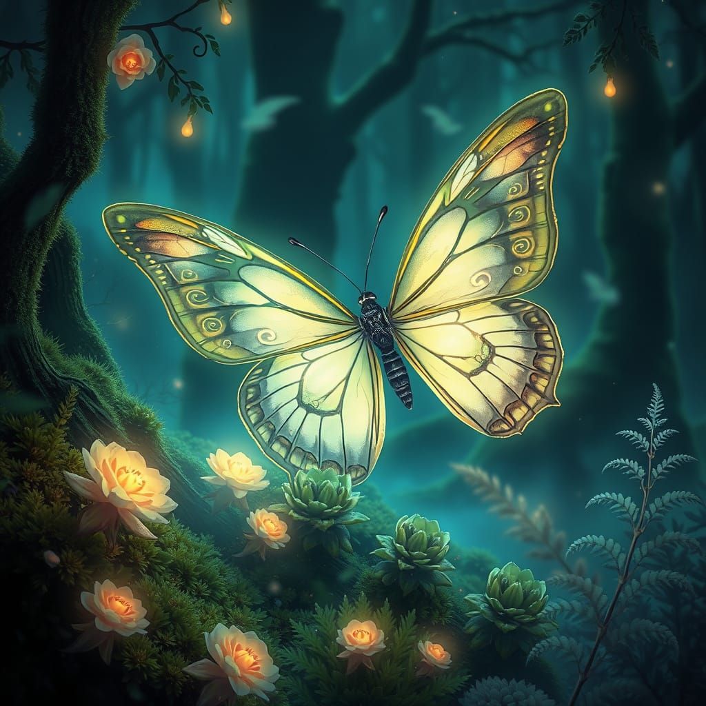 Glowing Butterfly Dances through Whimsical Forest