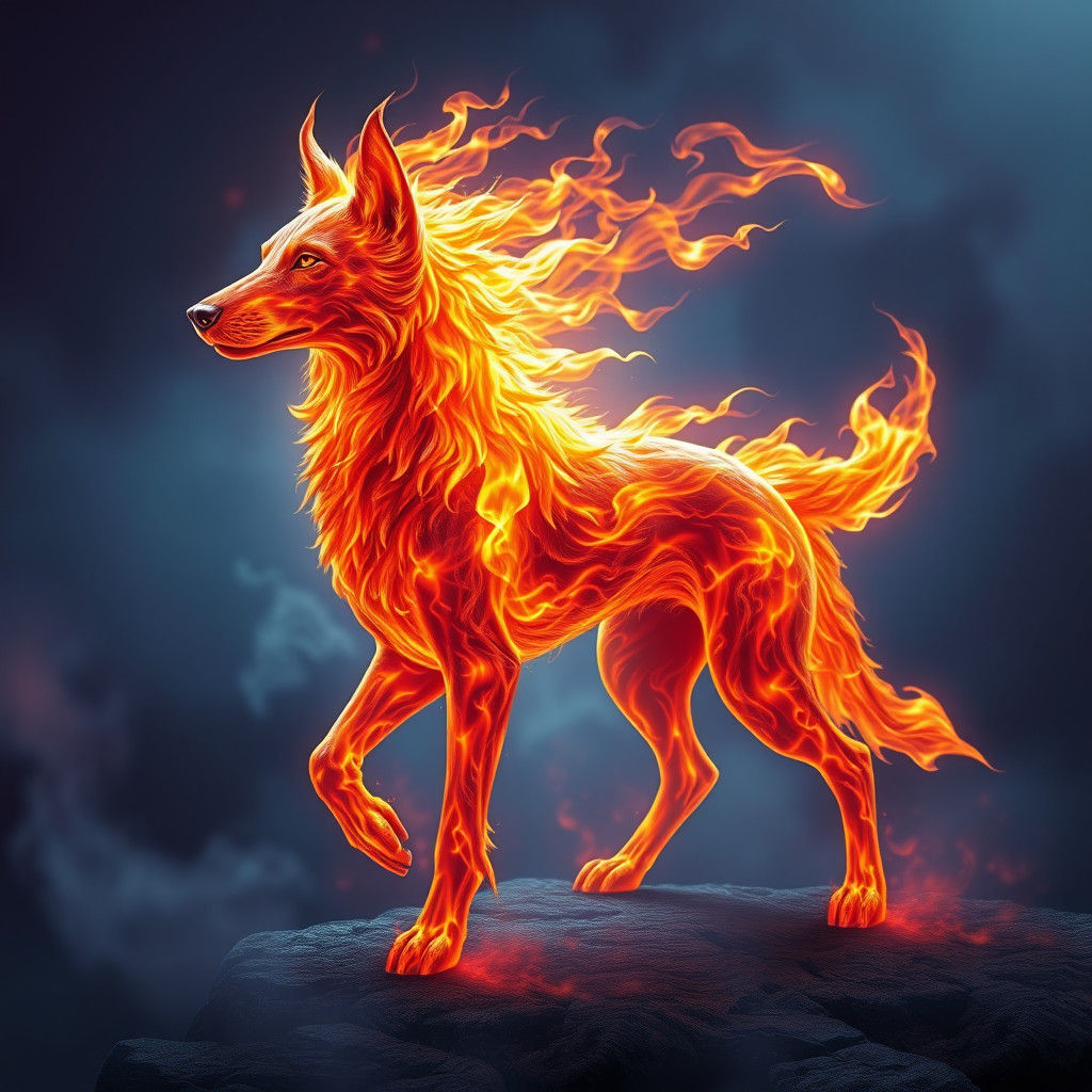 Fiery Canine Figure in a Fantasy Environment